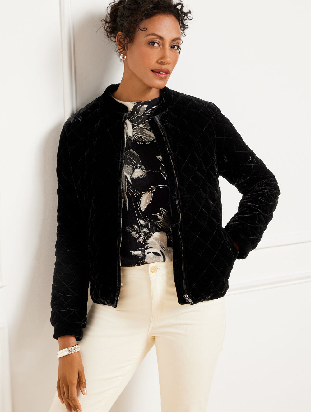 BLACK VELVET QUILTED BOMBER JACKET | Talbots outlet