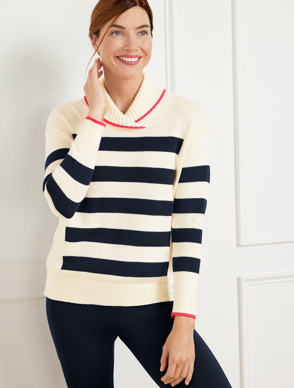 IVORY/INDIGO COOLMAX® STRIPED SHAWL COLLAR SWEATER | Talbots sale