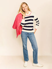 IVORY/INDIGO COOLMAX® STRIPED SHAWL COLLAR SWEATER | Talbots sale