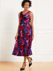BLACK/BRIGHT BLUE SATIN COWL-NECK DRESS - WRAPPED FLORAL | Talbots US