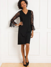 BLACK PONTE LACE SLEEVE A-LINE DRESS | Talbots sale
