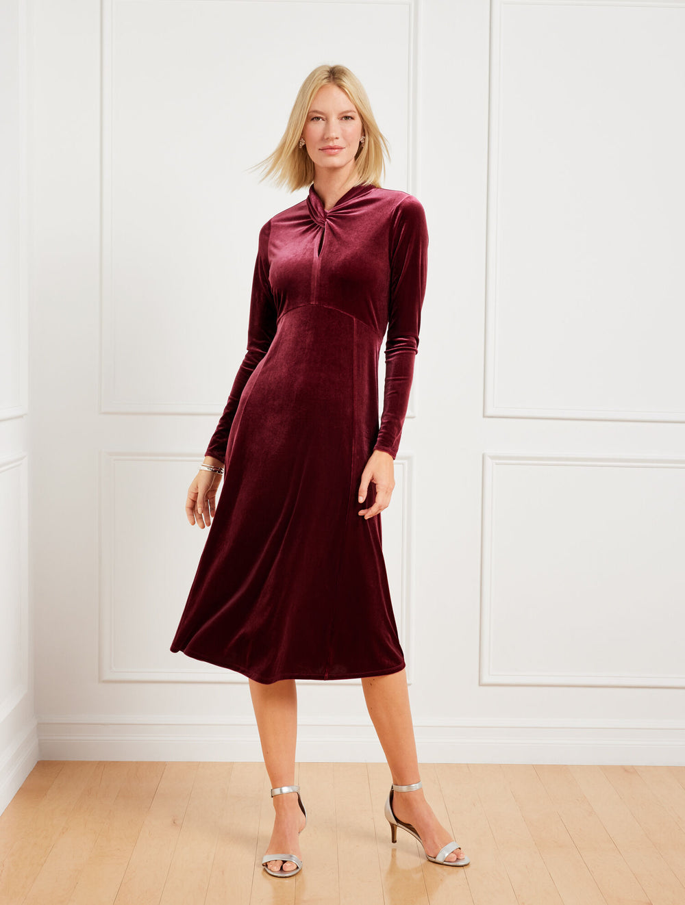 DARK RUBY VELVET DRAPED NECK MIDI DRESS | Talbots outlet