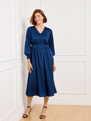 RADIANT SAPPHIRE SOFT SATIN CHARMEUSE SMOCKED MIDI DRESS | Talbots on sale