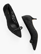 BLACK SYLVIE BOW KITTEN HEEL PUMPS - SEQUIN MESH | Talbots online