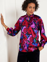 BLACK/BRIGHT BLUE TWIST NECK SOFT SATIN CHARMEUSE TOP - WRAPPED FLORAL | Talbots discount