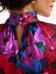 BLACK/BRIGHT BLUE TWIST NECK SOFT SATIN CHARMEUSE TOP - WRAPPED FLORAL | Talbots discount