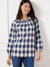 NAVY MULTI SMOCKED TOP - TINSEL TARTAN PLAID | Talbots online