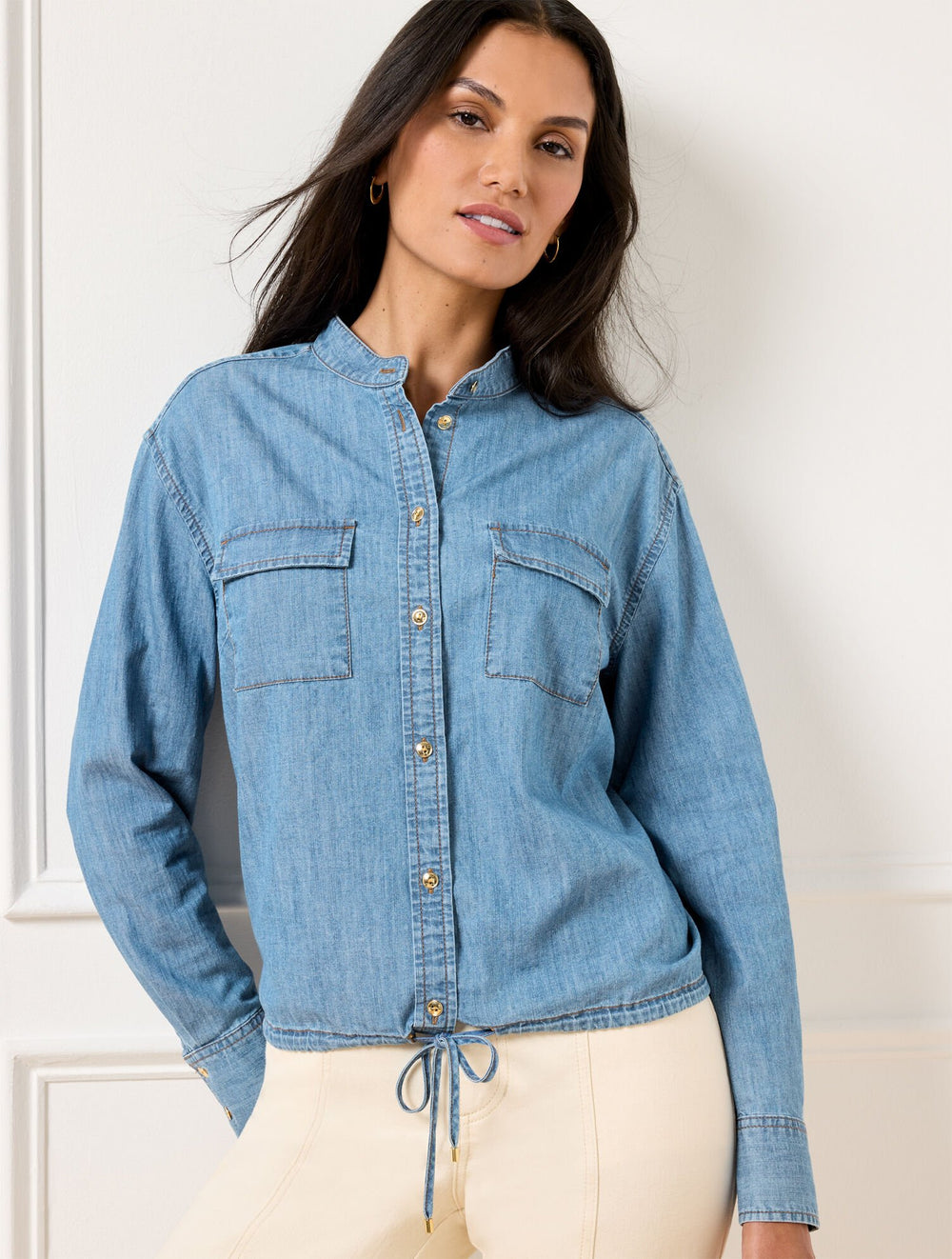 SEA BLUE WASH TIE FRONT DENIM TOP | Talbots online