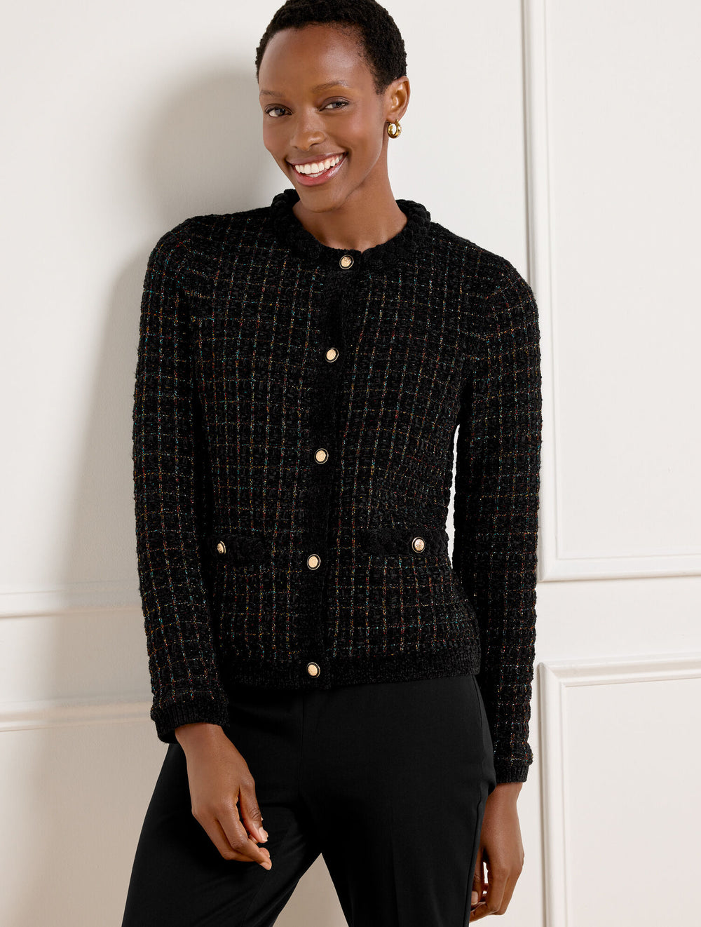 BLACK CHENILLE CREWNECK CARDIGAN - METALLIC PLAID | Talbots for sale