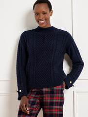 INDIGO BLUE|RED POP CABLE KNIT BUTTON CUFF SWEATER | Talbots US