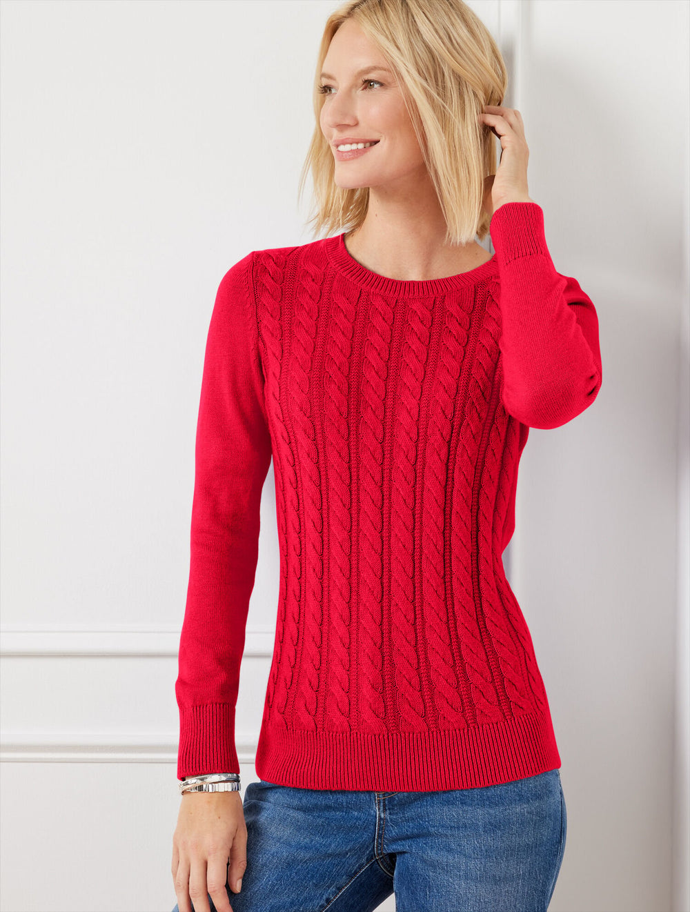 BLACK|BOLD BLUE|RED POP|RICH AMETHYST|VERDANT GREEN|VIVID BERRY SOFT CABLE KNIT CREWNECK SWEATER | Talbots US