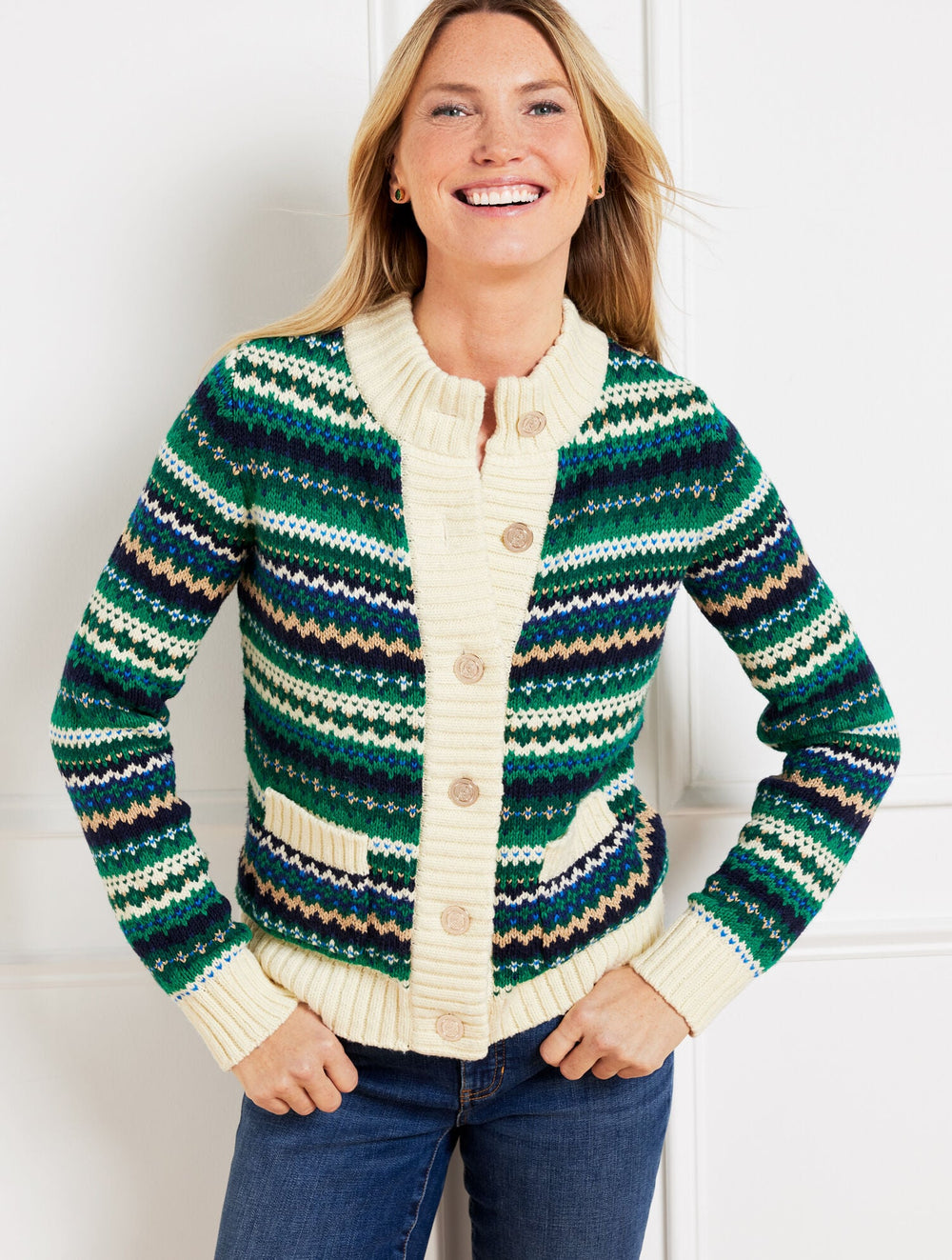 BOLD BLUE MULTI METALLIC MOCKNECK SWEATER JACKET - CADET FAIR ISLE | Talbots for sale