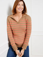 CAFE/CORAL PEACH MULTI JOHNNY COLLAR STRIPED PULLOVER | Talbots sale