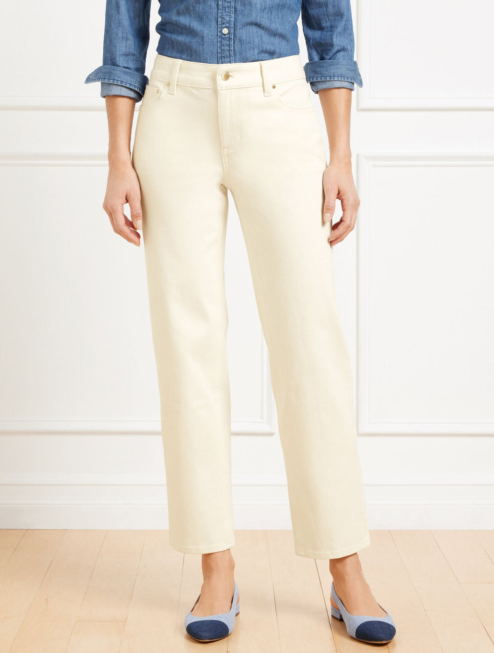 LIGHT ECRU MID RISE STOVEPIPE STRAIGHT LEG JEANS | Talbots on sale