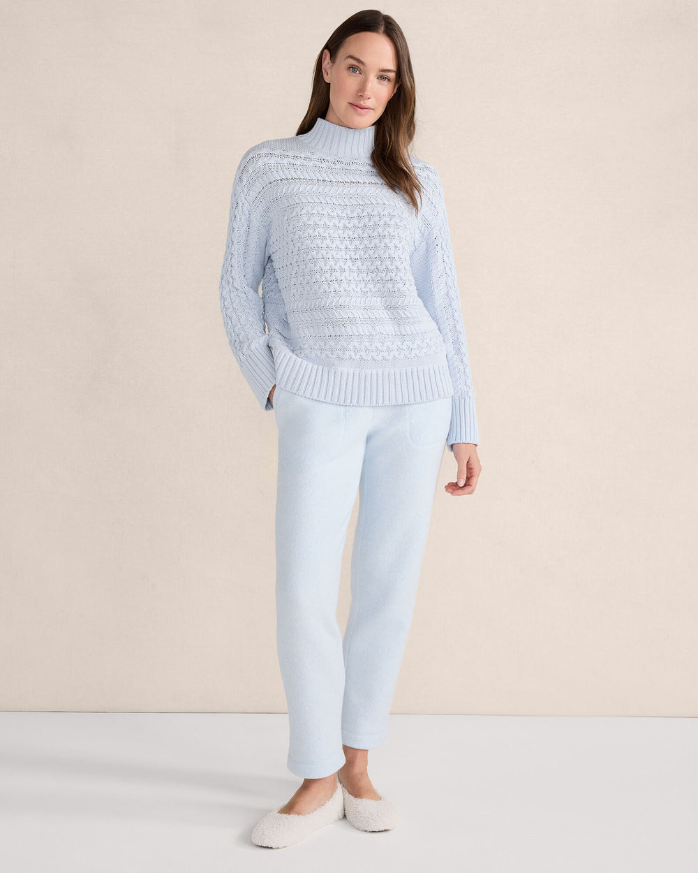 HERON|IVORY ORGANIC COTTON CABLE KNIT FUNNEL NECK SWEATER | Talbots sale