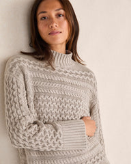HERON|IVORY ORGANIC COTTON CABLE KNIT FUNNEL NECK SWEATER | Talbots sale