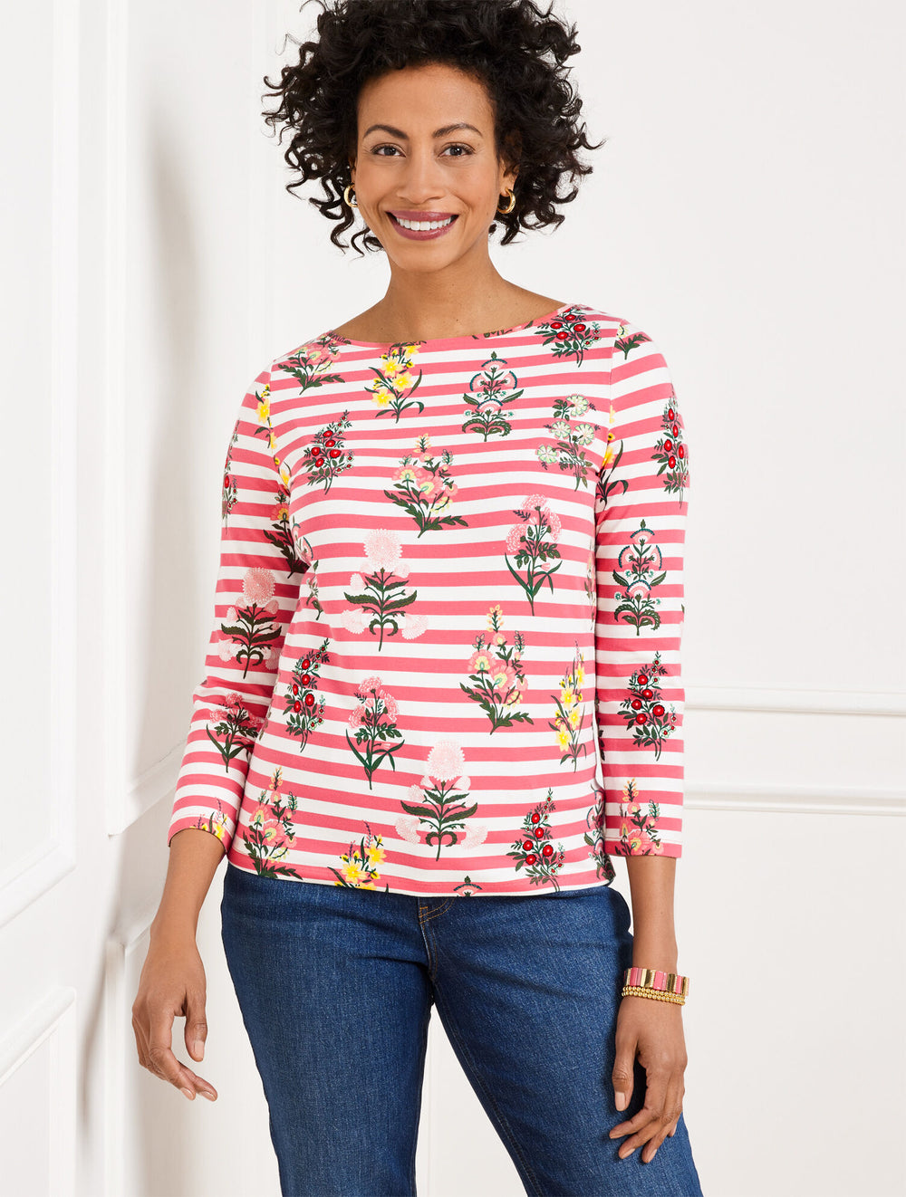 PINK ROSETTE MULTI BATEAU NECK TEE - FLORAL RADIANCE STRIPE | Talbots outlet