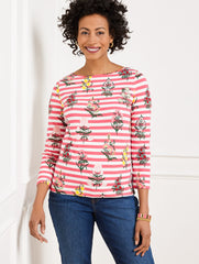 PINK ROSETTE MULTI BATEAU NECK TEE - FLORAL RADIANCE STRIPE | Talbots outlet