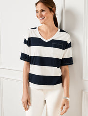 HERITAGE GREEN/WHITE|INDIGO/WHITE V-NECK BOXY TEE - QUINCE STRIPE | Talbots sale