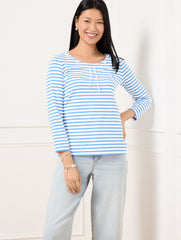 WHITE/LAKESIDE BLUE LACE UP SCOOP NECK TEE | Talbots US
