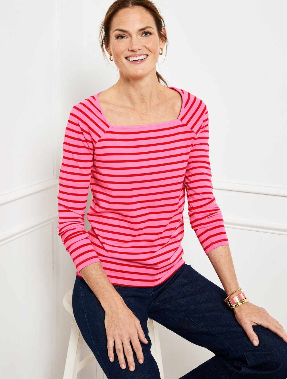 BLACK/IVORY|POPPY PINK/RED PEPPER SQUARE NECK RAGLAN TEE | Talbots online