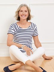 BLACK/WHITE|BLUE ICE/WHITE|INDIA INK/WHITE EFFORTLESS JERSEY STRIPE BATEAU NECK TEE | Talbots near me