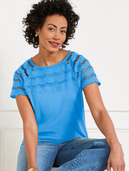 LAKESIDE BLUE|PINK ROSETTE EMBROIDERED EYELET TOP | Talbots outlet