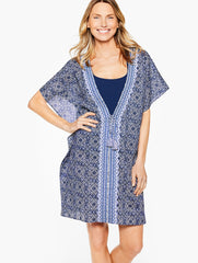 VISTA BLUE MULTI AQUA CLUB EMBROIDERED CAFTAN COVER-UP - IBIZA TILE | Talbots for sale