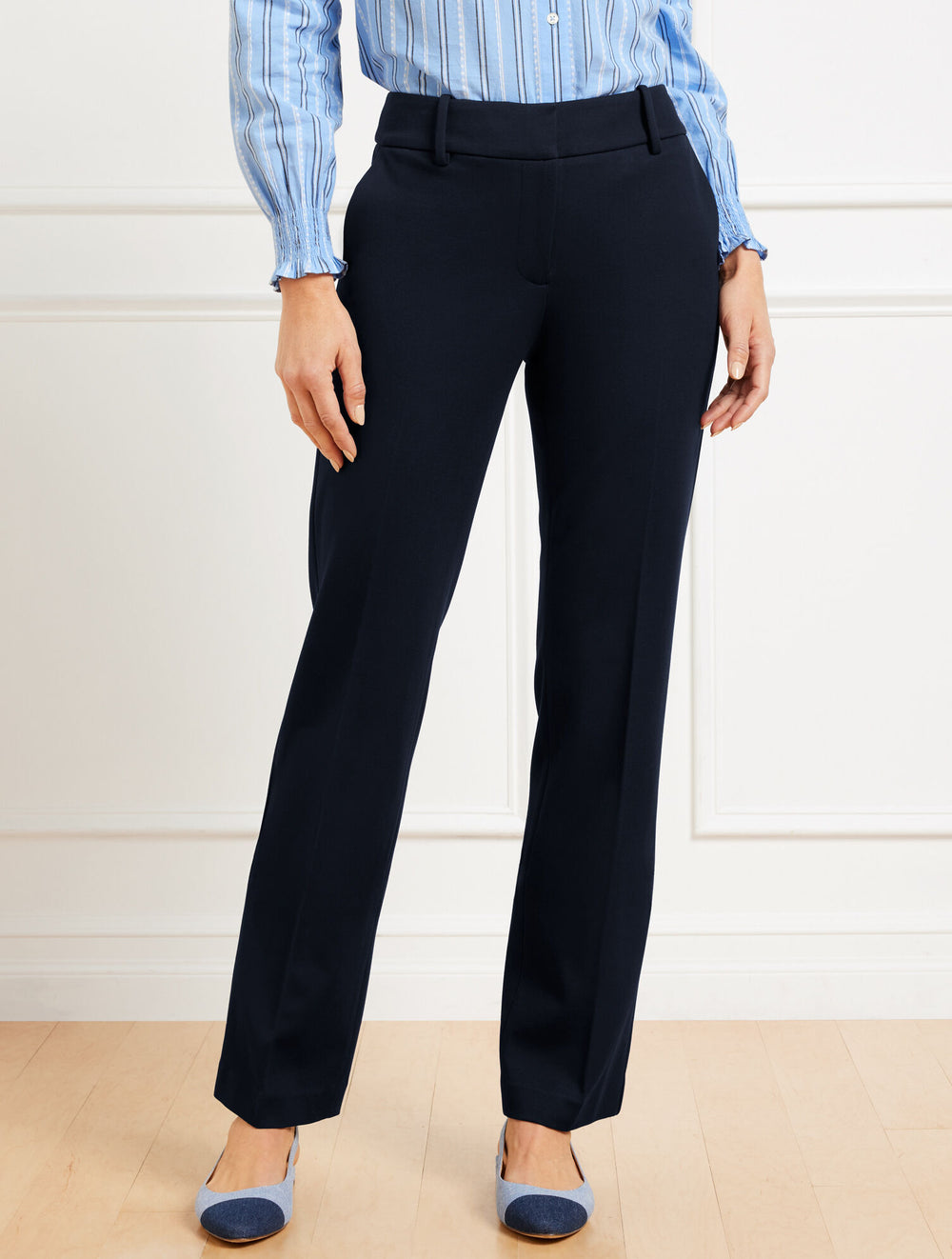BLACK|INDIGO BLUE STRAIGHT LEG PONTE TROUSERS | Talbots sale