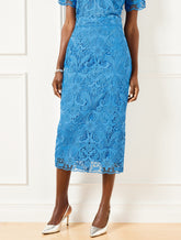 LAKESIDE BLUE SCROLL FLORAL LACE PENCIL SKIRT | Talbots online