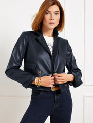 INDIGO BLUE FAUX LEATHER CROPPED JACKET | Talbots online
