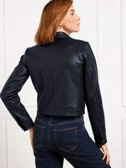 INDIGO BLUE FAUX LEATHER CROPPED JACKET | Talbots online