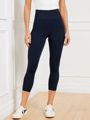 BLACK|INDIGO BLUE PERFORMANCE INTERLOCK CAPRI LEGGINGS | Talbots US