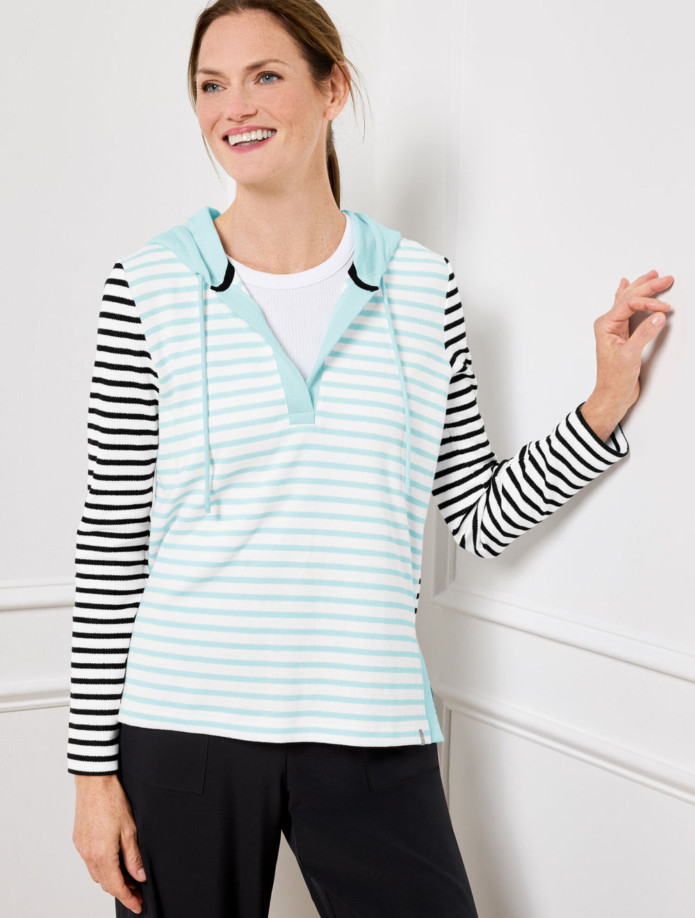 WHITE/BLUE ICE SPLIT NECK HOODIE - GLORIOUS STRIPE | Talbots sale