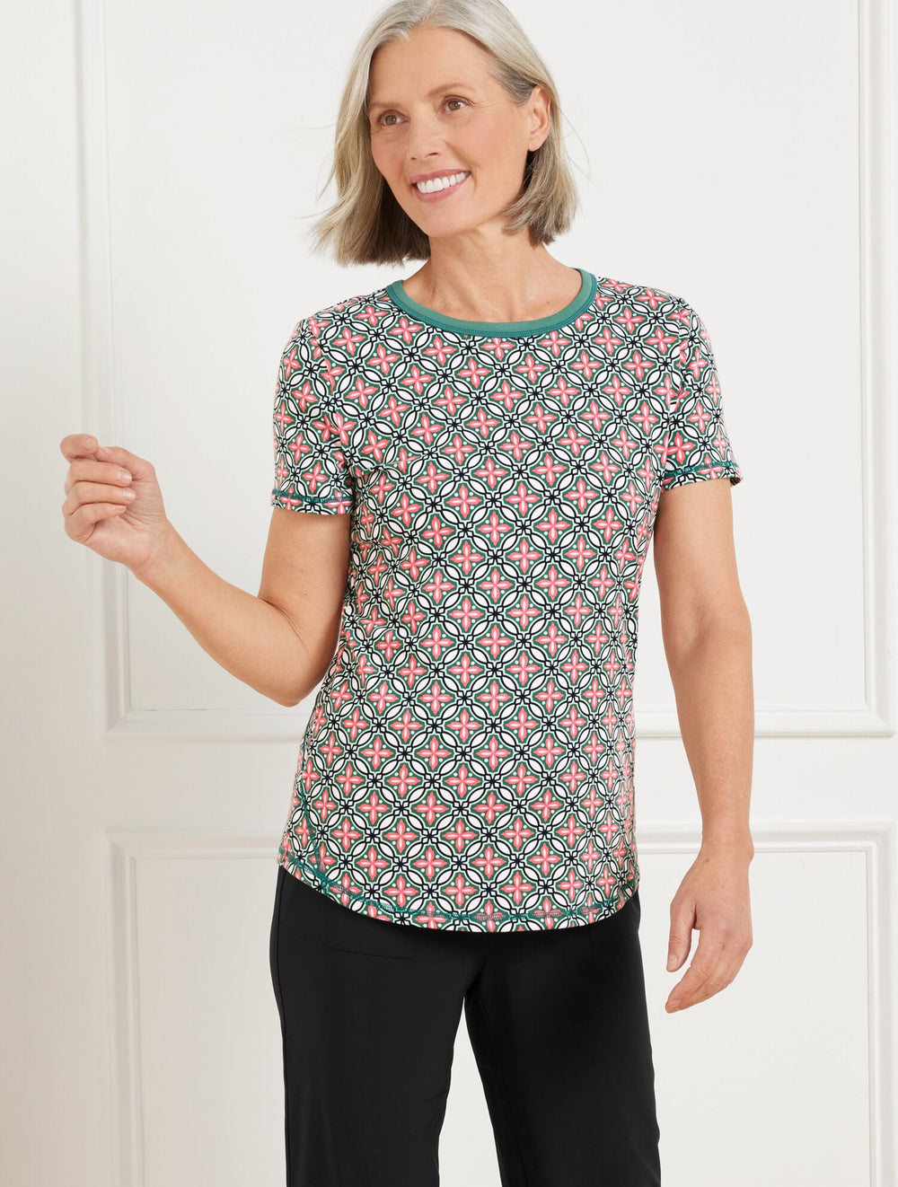 HERITAGE GREEN MULTI SUPERSOFT JERSEY SHORT SLEEVE TEE - HIGH TIDE TILE | Talbots sale