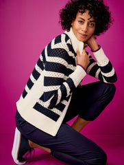 INDIGO/IVORY COOLMAX® FULL ZIP SWEATER JACKET - STRIPE | Talbots US