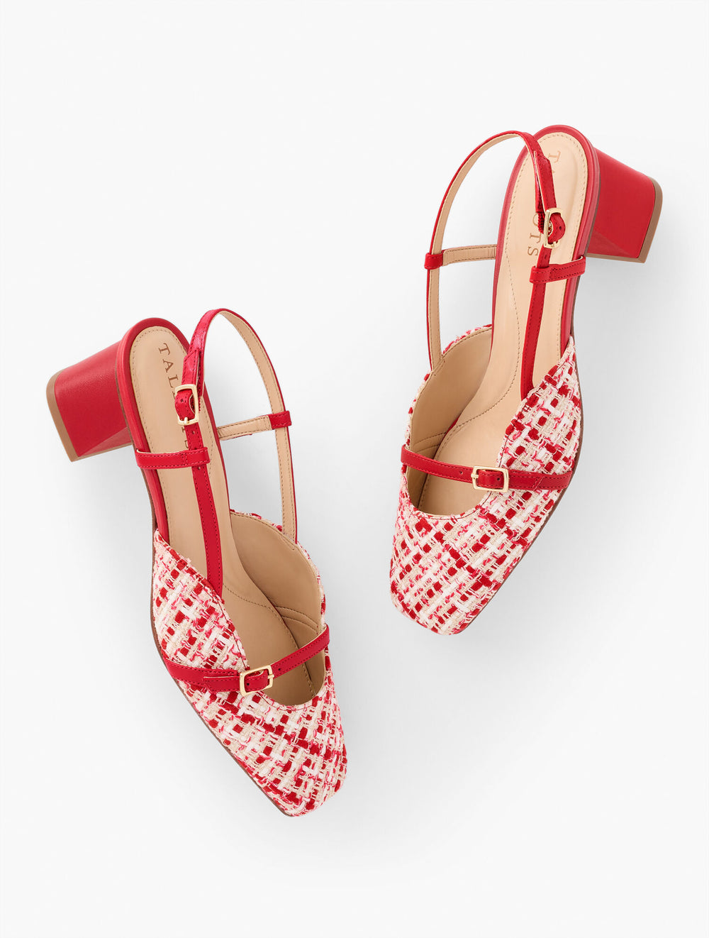 RED/TAN CARLYE BUCKLE BLOCK HEEL PUMPS - LOVELY TWEED | Talbots online
