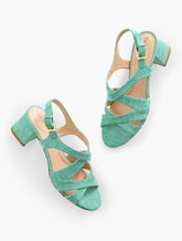 DEEP GREEN MILLIE STRAPS BLOCK HEEL WASHED LINEN SANDALS | Talbots outlet