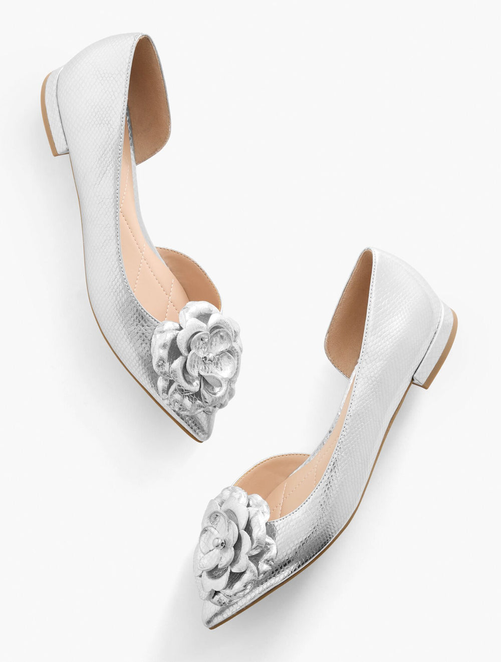 SILVER SCARLET FLOWER EMBOSSED METALLIC FLATS | Talbots discount