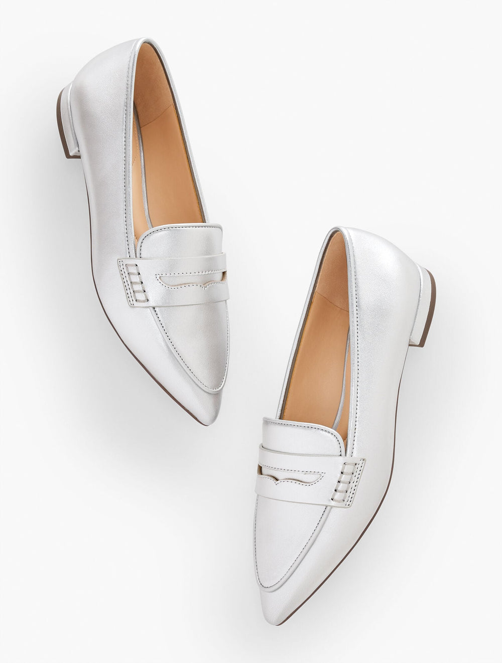 SILVER SCARLET POINTED TOE METALLIC LEATHER LOAFERS | Talbots US