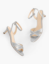 SILVER TALLIA PLEATED METALLIC NAPPA ANKLE STRAP HEEL SANDALS | Talbots US