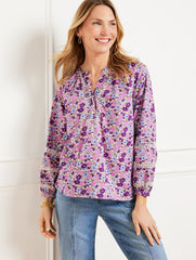 IVORY/PINK ROUGE TOSSED DITSY EMBROIDERED TOP | Talbots outlet