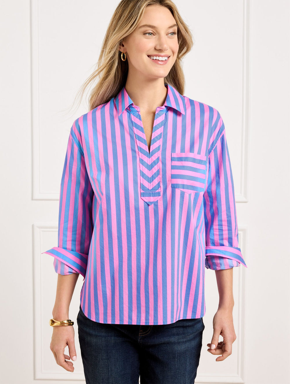BLUE WAVE/PINK ROUGE SHORT SHIRT - GARDEN STRIPE | Talbots for sale