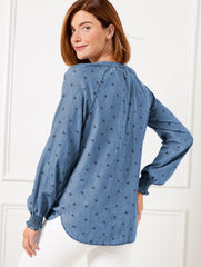 MEDIUM WASH/INDIA INK DENIM RUFFLE TOP - SPRING HEARTS | Talbots US