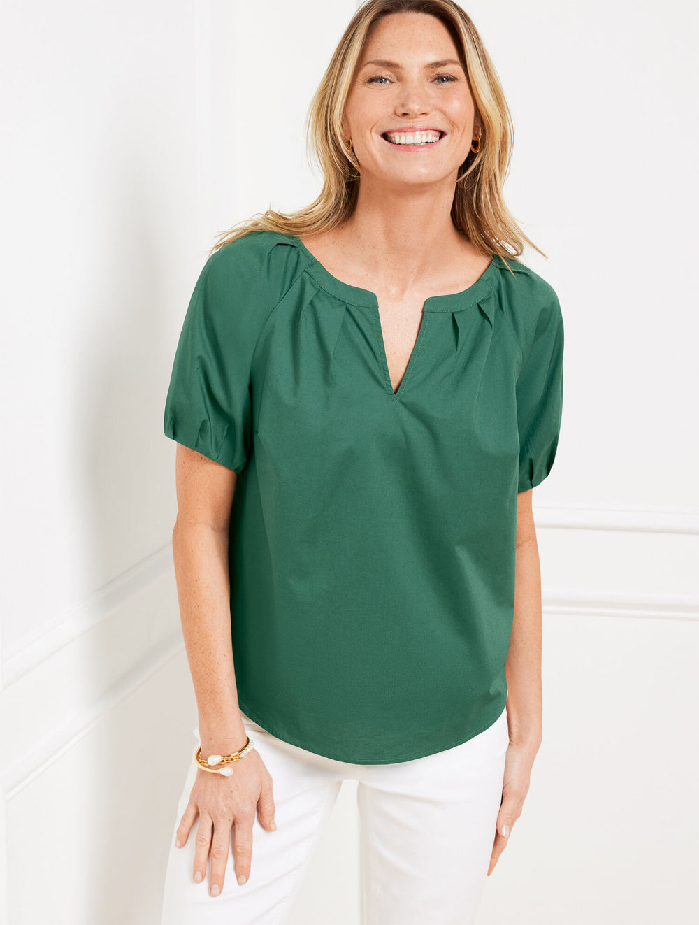 HERITAGE GREEN SHORT SLEEVE POPLIN TOP | Talbots sale