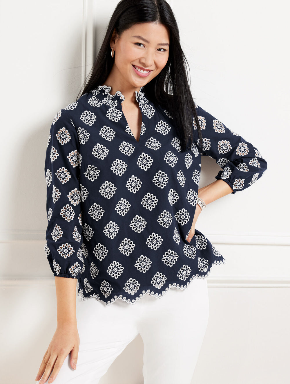 INDIGO BLUE/IVORY EMBROIDERED FLORAL TOP | Talbots online