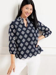 INDIGO BLUE/IVORY EMBROIDERED FLORAL TOP | Talbots online