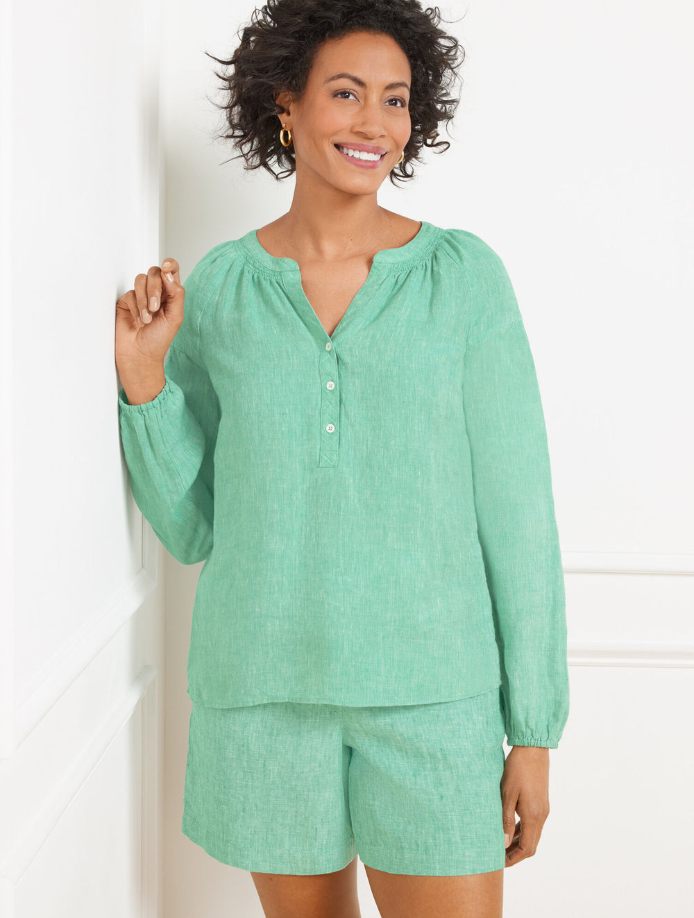 DAFFODIL/WHITE|DEEP GREEN/WHITE|SPRING PINK/WHITE LANTERN SLEEVE LINEN TOP - CROSS DYED | Talbots near me