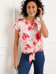 IVORY/RED TIE HEM TOP - WATERCOLOR BOUQUETS | Talbots US