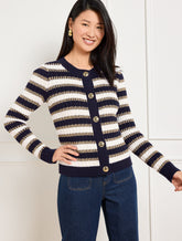 INDIGO/IVORY COMBED COTTON CREWNECK CARDIGAN - METALLIC STRIPE | Talbots on sale